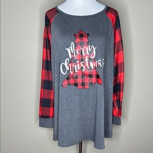 Merry Christmas womens long sleeve gray/buffalo plaid t-shirt size 20W.